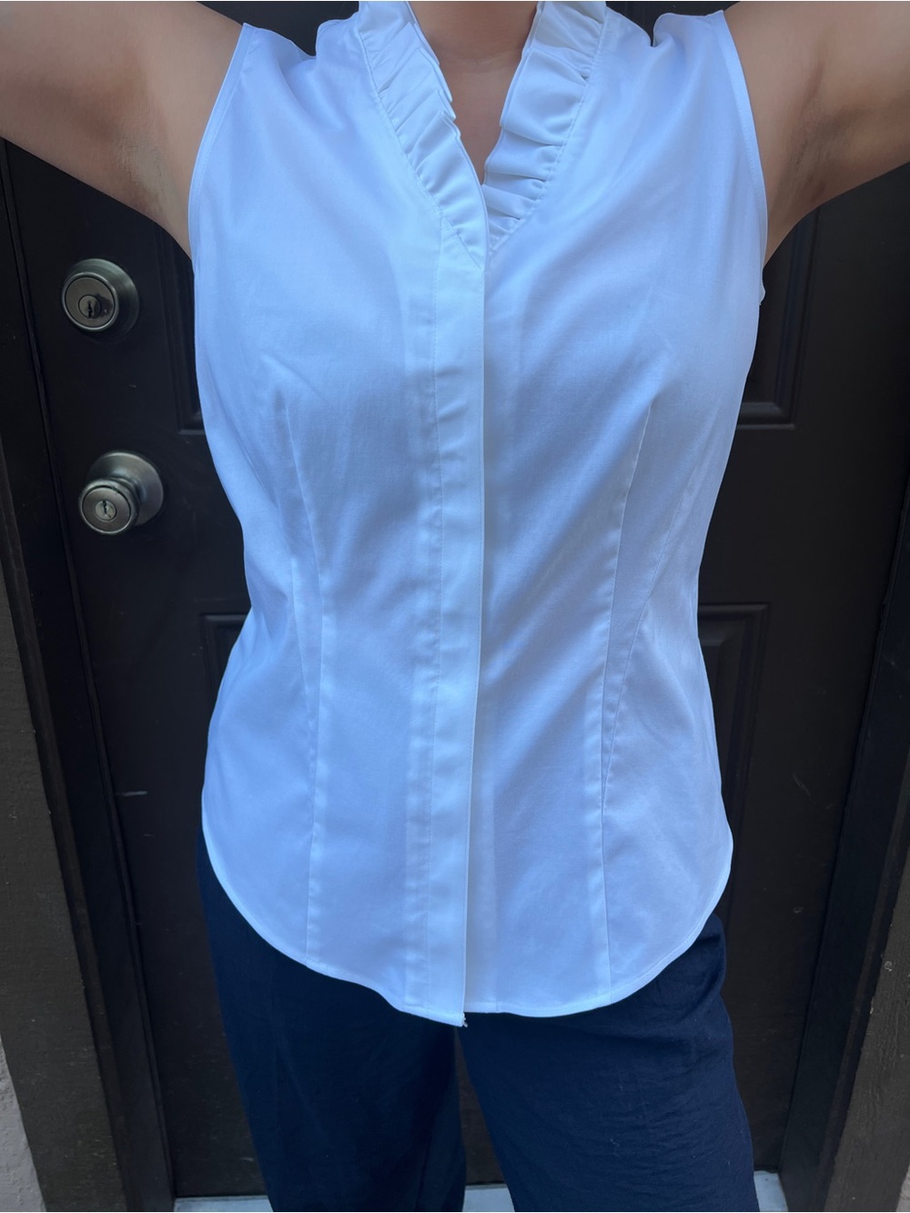 Brooks Brothers White Sleeveless Ruffle-Trim Blouse